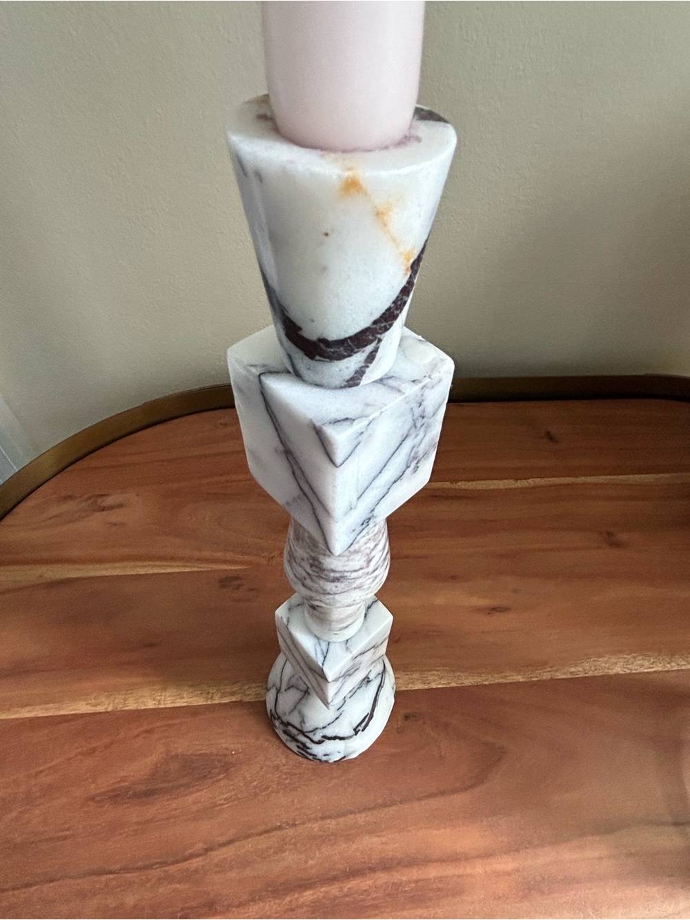 CB2 White Marble Geometric Taper Holder with Pink Candle - Picture 2 of 3